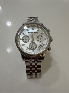 Michael Kors Silver Watch with Mother-of-Pearl Dial and Crystal Markers